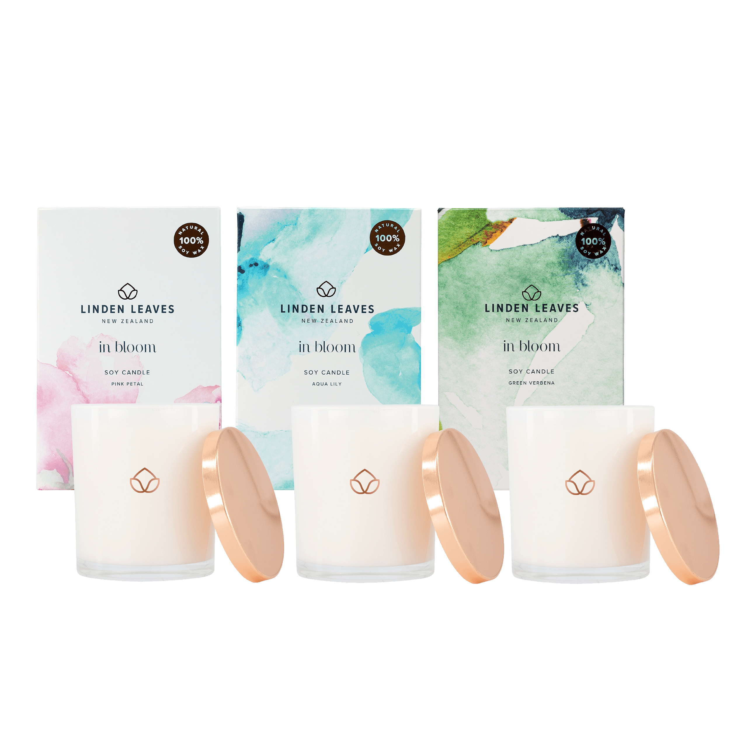 소이 캔들 컬렉션 - 아쿠아 릴리, 핑크 페탈 & 그린 버베나