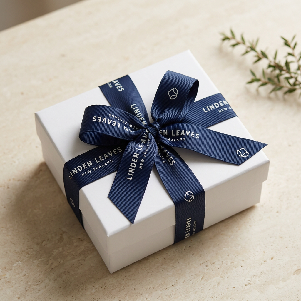 Styled gifting image of Linden Leaves navy logo ribbon