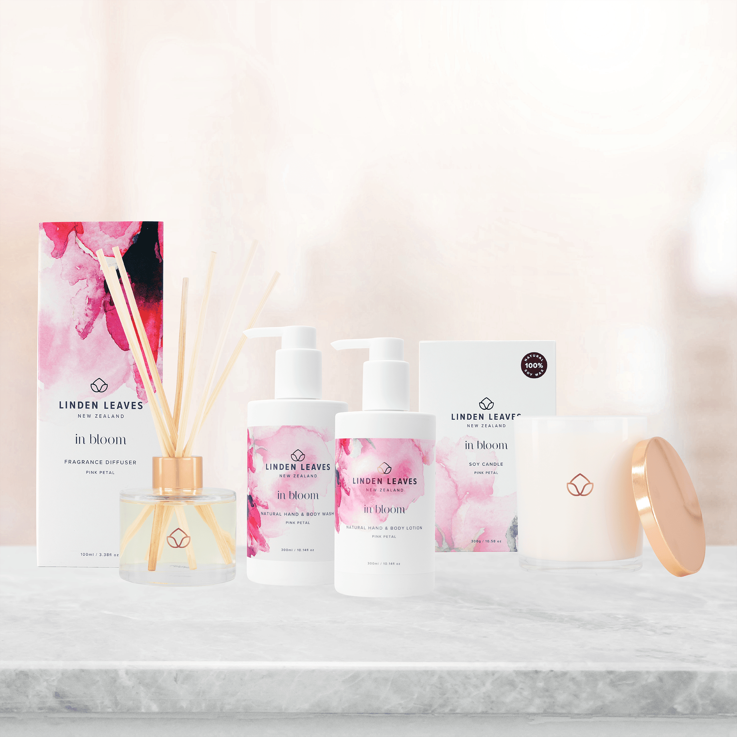 Pink Petal Soy Candle, Fragrance Diffuser, Hand & Body Lotion & Hand & Body Wash